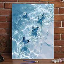 1 套成人 DIY 数字油画、绘画和啜饮套装，适用于成人儿童绘画和艺术绘画用品套装海滩蝴蝶花朵家居装饰 11.8x15.7 英寸，带木框 - 藍色蝴蝶 - 查看 3