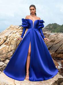 Faeriesty Đầm dạ hội trang trọng trễ vai, buộc dây sau lưng, tay bồng, bằng vải satin, đầm dạ hội dài tay thanh lịch, dành cho khách dự tiệc cưới, tốt nghiệp, tiệc tối - Xanh đậm - Xem 5