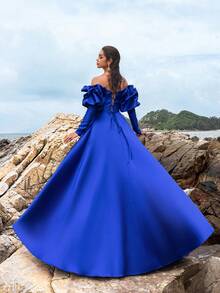 Faeriesty Đầm dạ hội trang trọng trễ vai, buộc dây sau lưng, tay bồng, bằng vải satin, đầm dạ hội dài tay thanh lịch, dành cho khách dự tiệc cưới, tốt nghiệp, tiệc tối - Xanh đậm - Xem 3