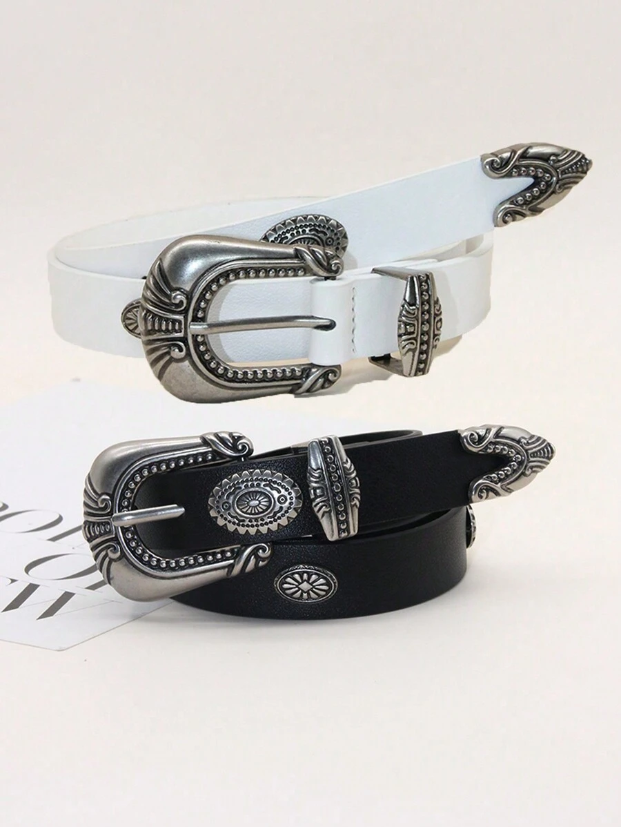 Plus Size Soft PU Leather Belt With Vintage Carved Buckle, Solid Color Waist Belt For Jeans, Women & Men Halloween Summer, School Fall, Autumn, Halloween