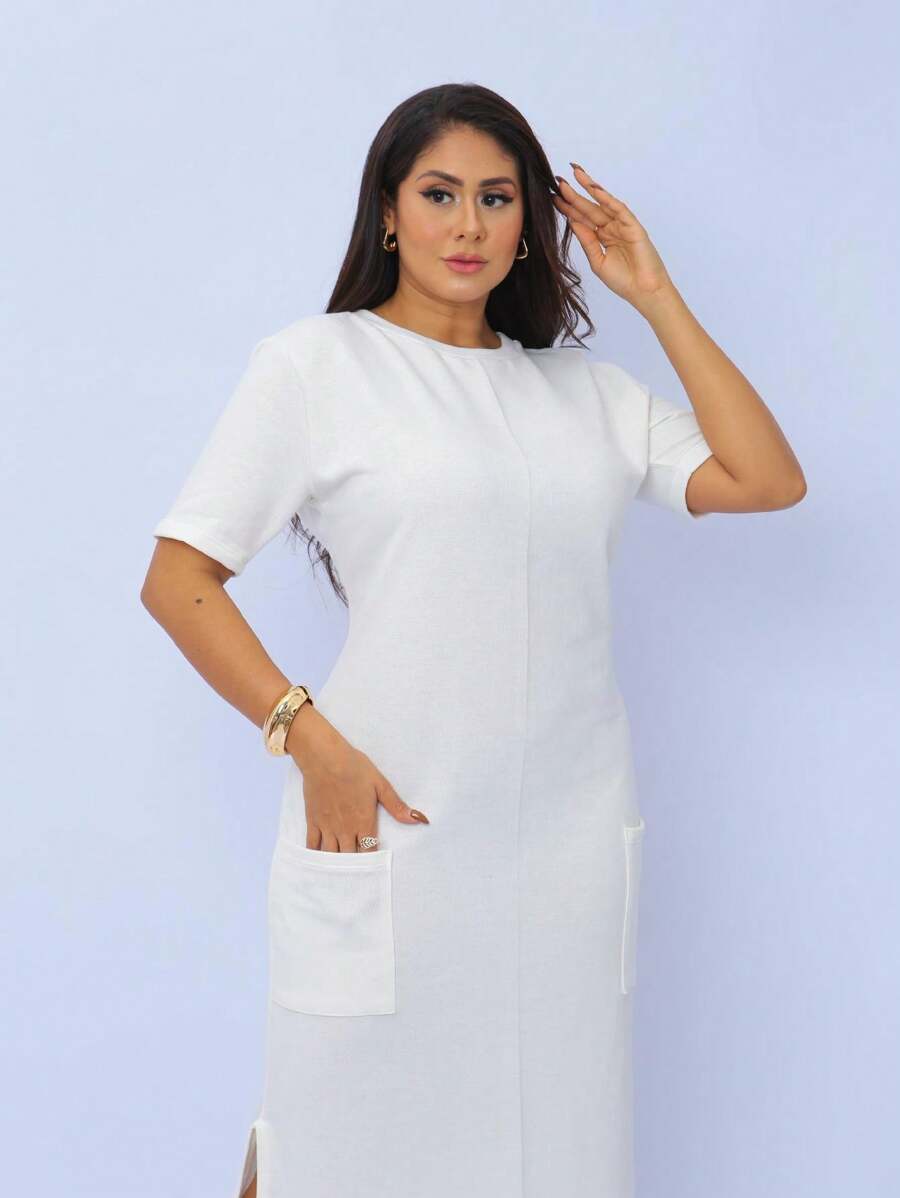 Midi Sweatshirt Dress With Front Pockets - Stylish And Modern | Fashion 2024 - 白色 - 查看 1