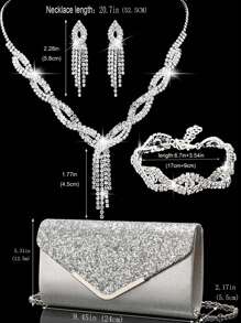 Bộ 4 món LETODE: Túi xách dự tiệc đính đá cho nữ, bông tai đính đá, vòng cổ và vòng tay cưới cho cô dâu, ví đính sequin lấp lánh. - Bạc - Xem 10