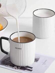 1pc Set Vertical Striped Ceramic Mug, Made Of High Quality Ceramic, Durable, With Spoon, Creative Simple Elegant Design, Milk Cup, Coffee Cup, High-Grade Office Water Cup - White - View 10