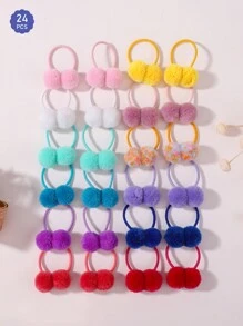24pcs/Pack Candy Color Pom Pom Hair Ties, Cute Baby Hair Accessories - 彩色 - 查看 1