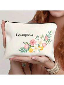 复古花卉化妆包 - 拉链化妆品收纳包，轻便多功能洗漱包，便携式化妆袋，送给妈妈、姐妹、女孩和侄女的完美礼物，适合度假、海滩、浴室、卧室使用，大容量，情人节、圣诞节、万圣节礼物，一体式设计，可定制姓名 - 米色 - 查看 4