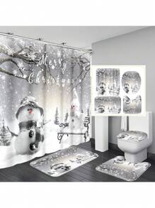 Bộ phòng tắm họa tiết người tuyết Giáng sinh 1/4 chiếc, rèm tắm chống thấm nước có 12 móc, thảm tắm, nắp bồn cầu hình chữ U, nắp bồn cầu, vách ngăn phòng tắm, phụ kiện phòng tắm, đồ trang trí phòng tắm, trang trí mùa thu trở lại trường - Nhiều màu - Xem 1