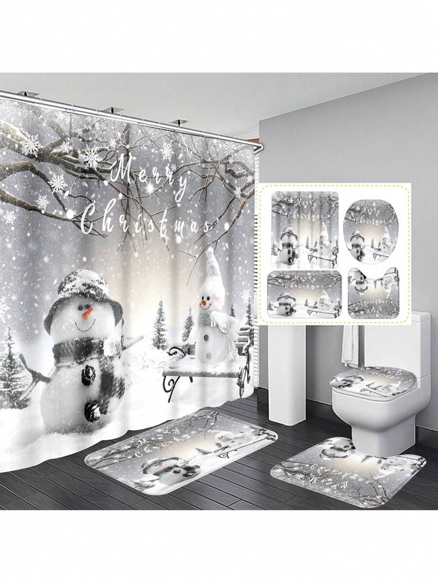 Bộ phòng tắm họa tiết người tuyết Giáng sinh 1/4 chiếc, rèm tắm chống thấm nước có 12 móc, thảm tắm, nắp bồn cầu hình chữ U, nắp bồn cầu, vách ngăn phòng tắm, phụ kiện phòng tắm, đồ trang trí phòng tắm, trang trí mùa thu trở lại trường - Nhiều màu - Xem 1