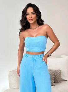 Women's Set High Waisted Wide Leg Pants And Cropped Top In Duna - Màu xanh nhạt - Xem 3