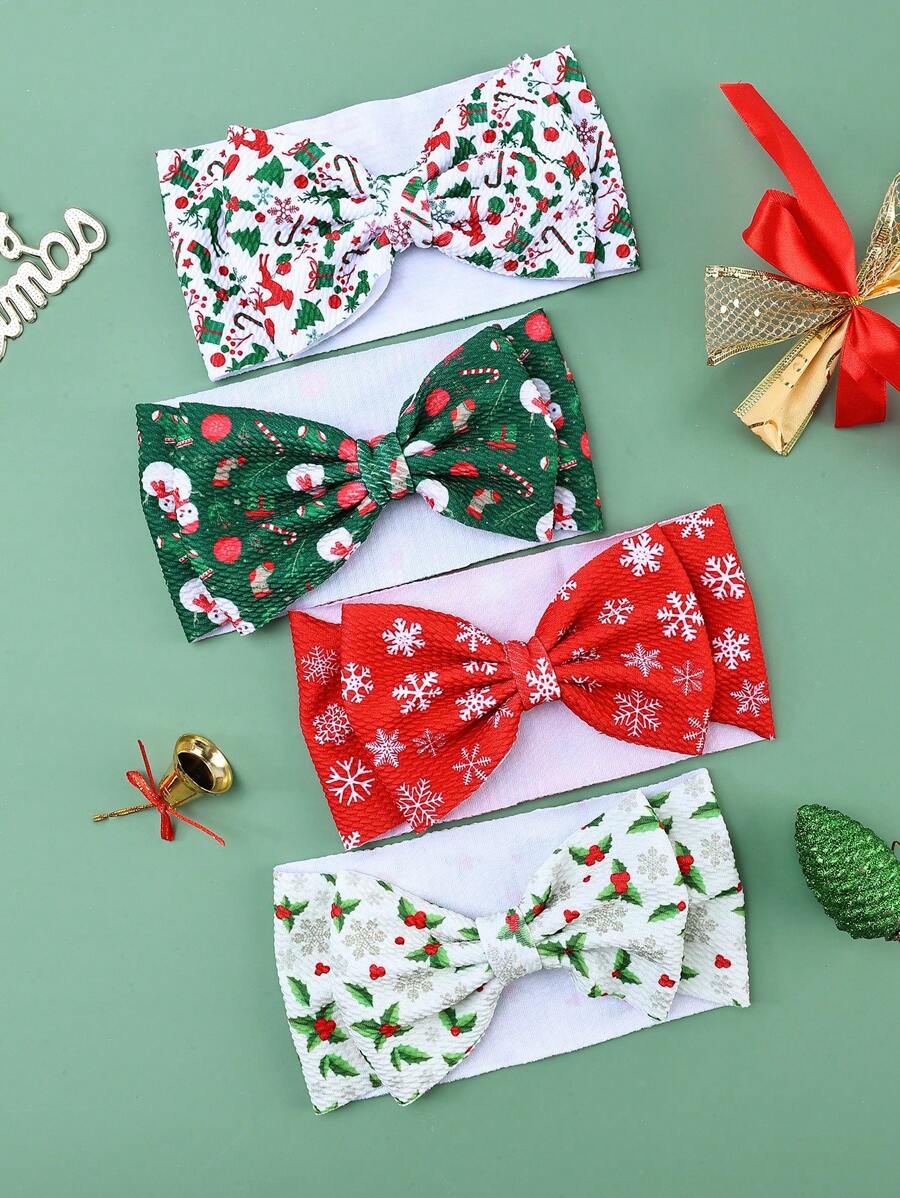 4 chiếc băng đô nơ Giáng sinh nhiều màu sắc cho trẻ em, băng đô nơ tóc in hình người tuyết bằng nylon, dây buộc tóc co giãn thời trang cho bé gái làm quà tặng lễ hội - Nhiều màu - Xem 1