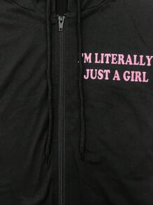 LovelyWholesale Women's Letter Print Zip-Up Hoodie Jacket And Leggings Sports Set, Suitable For Spring And Autumn - Black - View 7