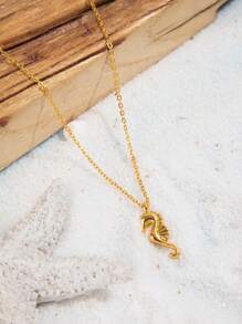 1 件流行女士时尚海滩和海洋主题个性化鲨鱼天然石吊坠项链，是婚礼、订婚派对、万圣节的理想礼物 - 金色 - 查看 6