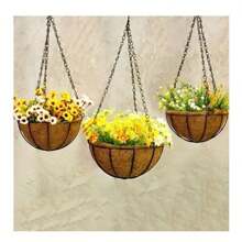 Kit 2 Hanging Coconut Fiber Vases Round Support With Chain Natural Artificial Plants Hanging - 鏽棕色 - 查看 2