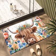 1pc Floral & Bull Print Soft & Comfortable Kitchen Mat, Anti-Stain & Oil, Easy To Clean, Absorbent & Durable Doorway Rug, Suitable For Living Room, Hallway, Bathroom, Laundry Room Decor - Multicolor - View 6