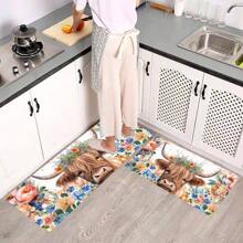 1pc Floral & Bull Print Soft & Comfortable Kitchen Mat, Anti-Stain & Oil, Easy To Clean, Absorbent & Durable Doorway Rug, Suitable For Living Room, Hallway, Bathroom, Laundry Room Decor - Multicolor - View 4