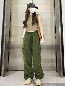 1pc Teen Girls Loose Fit Cargo Pants, With Flap Pockets And Drawstring Design, Suitable For All Seasons - Army Green - View 3