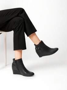 Women's Black Ankle Booties Low Wedge Heels Boots - ĐEN/PU - Xem 5
