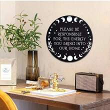 1 pezzo Cartello vintage in metallo rotondo - 20 cm, "Sii responsabile dell'energia che porti nella nostra casa" Citazione ispirazionale, Targa di benvenuto multifunzionale per casa, bar, caffè, con fori preforati per una facile installazione, posizione casuale dei fori - Multicolore - Visualizzare 5