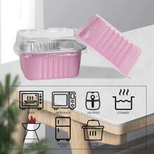 200pcs Baking Cups Aluminum Foil With Lids (100 Pans + 100 Lids), 5oz Square Cupcake Mini Cake Pans For Muffins, Desserts, Flans, Pudding & Party Food Display, Picnics Weddings - 粉色 - 查看 3