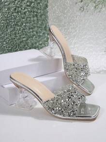Women's Summer New Rhinestone Embellished High Heel Slippers, Silver Glitter Decorated Stilettos, Fashionable Asymmetric Crystal Heel Sandals, Suitable For Various Occasions And Outfits