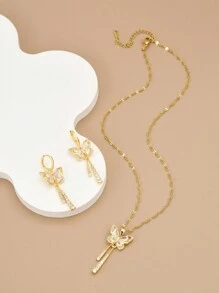 1pc Stainless Steel Cubic Zirconia Butterfly Pendant Necklace & 1 Pair Cubic Zirconia Butterfly Luxury Earrings For Women