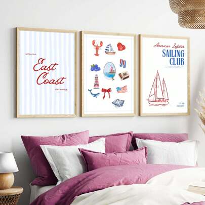 Set von 3 Wandkunstwerken im angesagten Preppy-Stil, Leinwandbilder für Apartment und Studentenwohnheim, Dekor im Küstenstil von East Coast, Nantucket und Cape Cod, ungefasste Aquarellposter