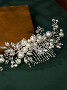 优雅银色珍珠新娘发梳，水晶花朵婚礼头饰，适合新娘和伴娘，情人节配饰 - 銀色 - 查看 8