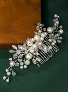 优雅银色珍珠新娘发梳，水晶花朵婚礼头饰，适合新娘和伴娘，情人节配饰 - 銀色 - 查看 6