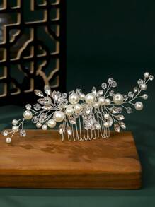 优雅银色珍珠新娘发梳，水晶花朵婚礼头饰，适合新娘和伴娘，情人节配饰 - 銀色 - 查看 7