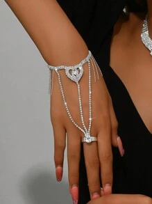 1 Set modischer vollständig mit Strass besetzter minimalistischer, vielseitiger Hochzeits- und Abendschmuck-Set bestehend aus Halskette, Ohrrringen, Handkette/Ring, geeignet für Damen Bälle, Partys, Thanksgiving, Halloween, als Geschenk