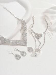 1 Set modischer vollständig mit Strass besetzter minimalistischer, vielseitiger Hochzeits- und Abendschmuck-Set bestehend aus Halskette, Ohrrringen, Handkette/Ring, geeignet für Damen Bälle, Partys, Thanksgiving, Halloween, als Geschenk