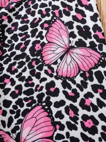 Set di top a maniche lunghe con stampa farfalla e pantaloni a zampa di leopardo per ragazze giovani, morbido e confortevole tessuto, adatto per primavera e autunno