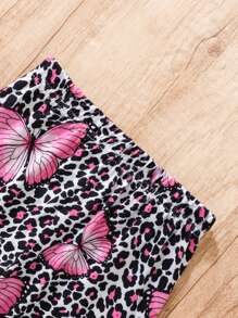 Set di top a maniche lunghe con stampa farfalla e pantaloni a zampa di leopardo per ragazze giovani, morbido e confortevole tessuto, adatto per primavera e autunno