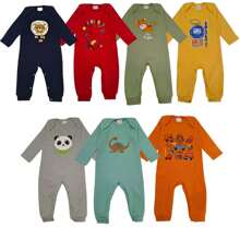 Kit 2 Long Baby Rompers With Snap Button Cuffs, Boy And Girl, Cotton, Suede, Sizes P M G GG, Wholesale Layette, Assorted Prints And Colors - 查看 4