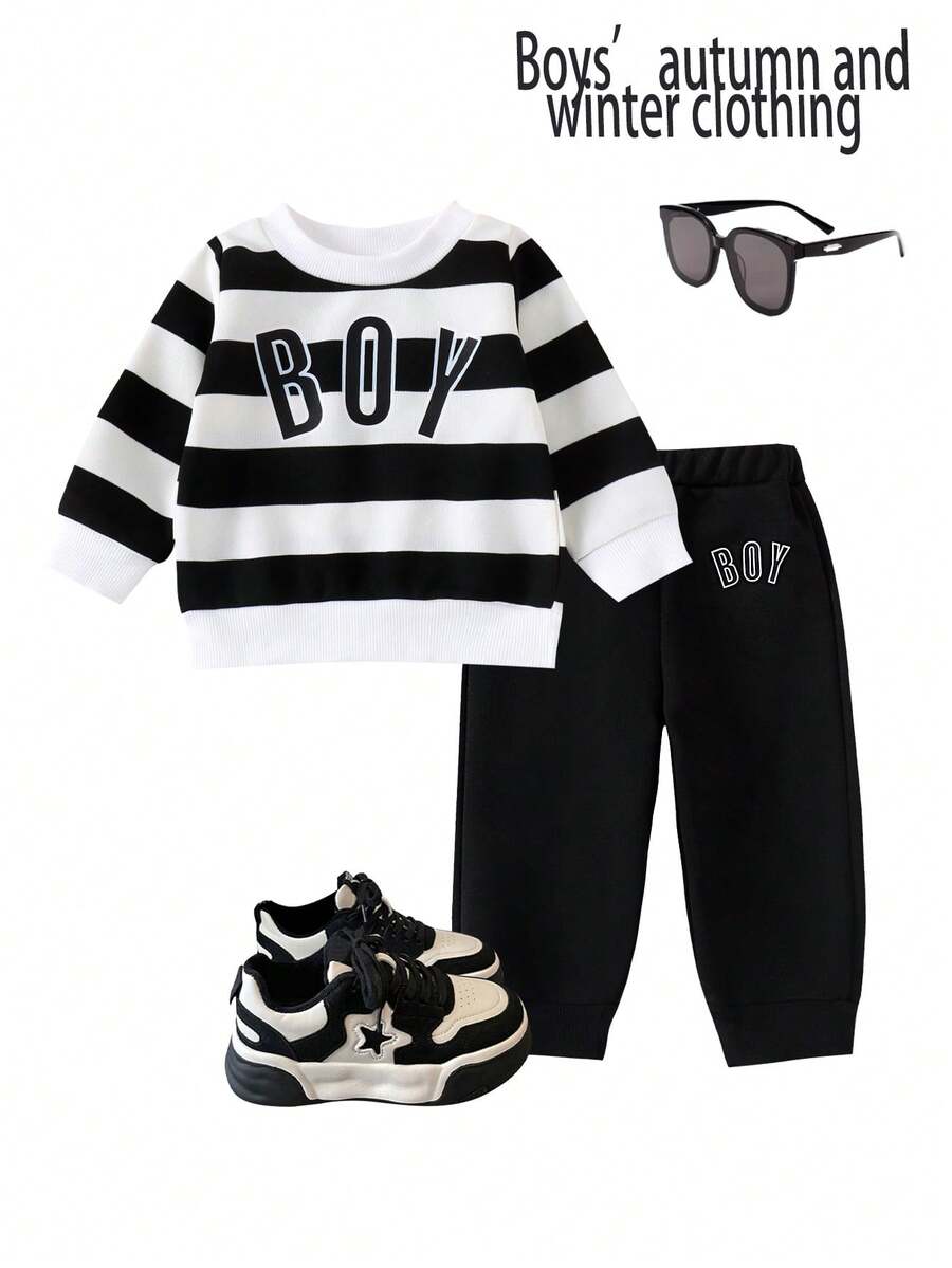 Baby Boy Letter Printed Black & White Striped Round Neck Sweatshirt And
