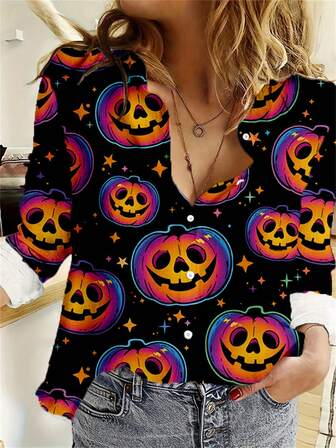 2024 Halloween Party Pumpkin Print Long Shirt