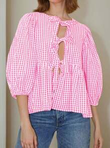 Women's Tie-Front Plaid Ruffle Top Loose Round Neck Three-Quarter Puff Sleeve Shirt Shirt Y2K Going Out Preppy Style Clothing - Hồng - Xem 1