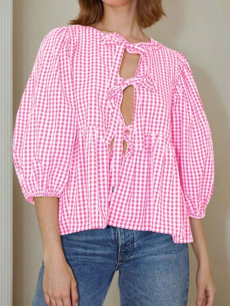 Women's Tie-Front Plaid Ruffle Top Loose Round Neck Three-Quarter Puff Sleeve Shirt Shirt Y2K Going Out Preppy Style Clothing - Hồng - Xem 1