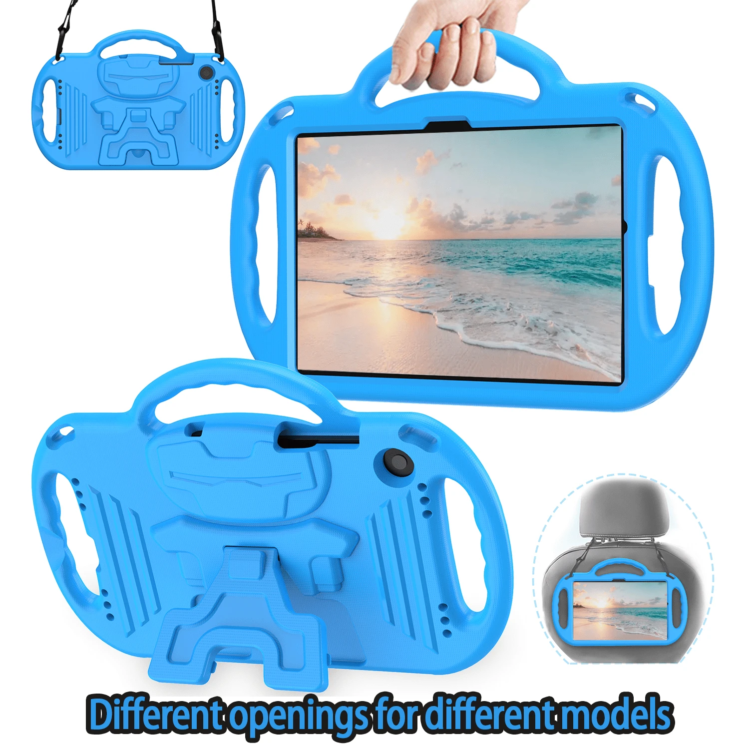 iPad EVA 保护套带肩带、防震手柄支架和卡通图案，兼容 iPad 5/6/7/8/9/Air4 代 [9.7 英寸/10.2 英寸/10.9 英寸] 和 iPad Mini 6 代 8.3 英寸和 Mini 1/2/3/4/5 代 7.9 英寸和三星平板电脑 Galaxy A9/A7 LITE/A9+ 2023/2021 和 Fire HD 8 10/12 Gen 8"2020&2022 和 Fire HD 10 2023/2021 13/11 代/Fire 7 2022 - 藍色 - 查看 1