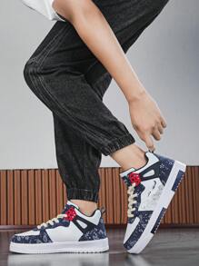 Men's Contrast Color Graffiti Random Print High-Top Casual Sports Shoes, Fashion Letter Patchwork Street Skateboard Shoes, Couple Sneakers