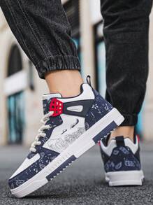 Men's Contrast Color Graffiti Random Print High-Top Casual Sports Shoes, Fashion Letter Patchwork Street Skateboard Shoes, Couple Sneakers