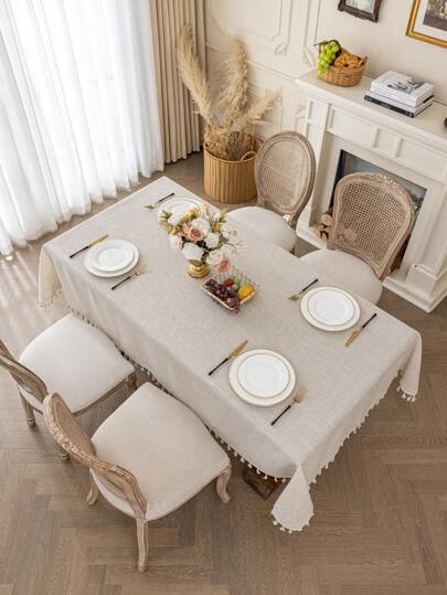 1 peça elegante toalha de mesa de linho com borlas na cor creme, toalha retangular de mesa de centro/cabeceira estilo europeu, lavável, adequada para casa de fazenda, cozinha, mesa de jantar, jantar, reunião familiar, bufê, casamento, decoração de hotel, decoração diária para casa, decoração para festa de Ação de Graças