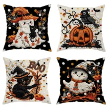 4 件万圣节抱枕套套装 - 幽灵、黑猫、南瓜和乌鸦图案 | 18X18 英寸 | 非常适合客厅和卧室装饰 | 可机洗，带拉链封口 万圣节枕套 涤纶万圣节枕头礼物 生日毕业 家居装饰 万圣节装饰 秋季装饰 万圣节装饰 万圣节装饰 - 彩色 - 查看 1