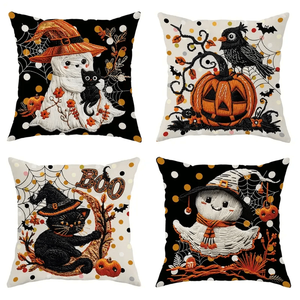 4 件万圣节抱枕套套装 - 幽灵、黑猫、南瓜和乌鸦图案 | 18X18 英寸 | 非常适合客厅和卧室装饰 | 可机洗，带拉链封口 万圣节枕套 涤纶万圣节枕头礼物 生日毕业 家居装饰 万圣节装饰 秋季装饰 万圣节装饰 万圣节装饰 - 彩色 - 查看 1