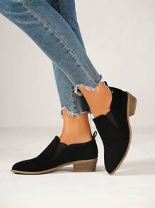 Women's Black Suede Ankle Boots, Pointed Toe, Block Heel, Slip-On, Non-Slip, Versatile For Party & Daily Wear, Fall/Winter Fashion