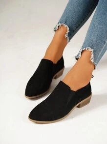 Women's Black Suede Ankle Boots, Pointed Toe, Block Heel, Slip-On, Non-Slip, Versatile For Party & Daily Wear, Fall/Winter Fashion