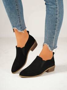 Women's Black Suede Ankle Boots, Pointed Toe, Block Heel, Slip-On, Non-Slip, Versatile For Party & Daily Wear, Fall/Winter Fashion