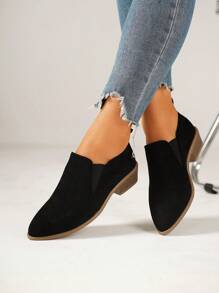 Women's Black Suede Ankle Boots, Pointed Toe, Block Heel, Slip-On, Non-Slip, Versatile For Party & Daily Wear, Fall/Winter Fashion