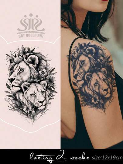 Temporary Large Floral Tattoo Stickers, Lion, Floral, Animal Patterns, 1-2 Weeks Waterproof, Suitable For Chest, Abdomen, Back, Thigh, Shoulder, Neck, Collarbone, Natural Plant Ingredients, Suitable For Y2K Music Festival, Valentine's Day, Carnival, DIY Party Holiday Gifts