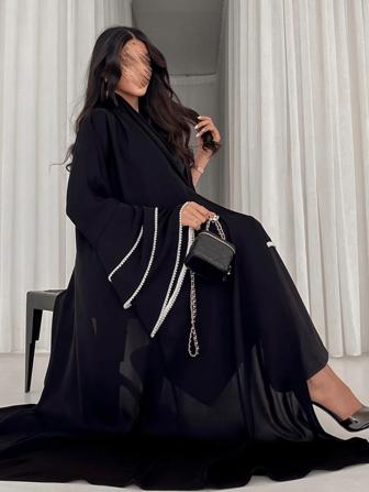 Modest Black Long Sleeve Arabian Abaya With Faux Pearl Cuffs, Fashionable Ladies Outerwear, Robe