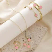 6 pezzi set di gioielli in lega a forma di foglie e quadrifogli per donne - bracciale, collana, orecchini a perno, ciondolo a fiore della fortuna